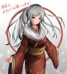 Rule 34 | 1girl, absurdres, alternate costume, dated, fire emblem, fire emblem awakening, fire emblem heroes, grey hair, grima (fire emblem), highres, japanese clothes, kasumi ao 021, kimono, long sleeves, nintendo, obi, parted lips, red eyes, robin (female) (fire emblem), robin (fire emblem), sash, signature, solo, twintails, wide sleeves