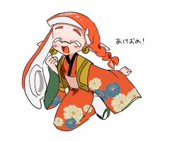 Rule 34 | 1girl, closed eyes, earrings, full body, inkling, inkling girl, inkling player character, japanese clothes, jewelry, jumping, kimono, long hair, nintendo, open mouth, orange hair, pointy ears, print kimono, sasaki5 ika, simple background, smile, solo, splatoon (series), splatoon 3, tentacle hair, translation request, white background