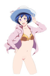 Rule 34 | 1girl, :d, absurdres, bikini, bikini top only, blue hair, blush, bottomless, breasts, cleft of venus, cropped legs, female focus, grand blue, hand on own hip, hand up, hat, highres, hood, hooded jacket, hoodie, jacket, long sleeves, looking at viewer, navel, open mouth, purple eyes, pussy, short hair, simple background, small breasts, smile, solo, standing, sun hat, swimsuit, uncensored, v, white background, x20man, yoshiwara aina