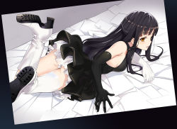 Rule 34 | 1girl, :d, ass, bare shoulders, black dress, black gloves, black hair, boots, breasts, dress, elbow gloves, gloves, high heel boots, high heels, lying, nyoro (nyoronyoro000), on stomach, open mouth, original, single thighhigh, sleeveless, sleeveless dress, smile, thighhighs, white gloves, white thighhighs, yellow eyes
