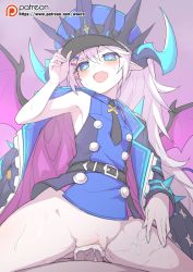 Rule 34 | 1girl, armpits, bad id, bad twitter id, belt, belt buckle, blue eyes, blush, buckle, cloak, clothed female nude male, crown, cum, cum in pussy, demon girl, demon wings, elsword, fang, groin, hair ornament, hairclip, half-closed eyes, hand up, hat, horns, inactive account, long hair, looking at viewer, luciela r. sourcream, necktie, no panties, nude, open clothes, open mouth, cum overflow, patreon username, peaked cap, penis, pink hair, pointy ears, ponytail, pov, pussy, sex, simple background, sketch, sleeveless, solo focus, spread legs, sweat, symbol-shaped pupils, thighs, timoria (elsword), uncensored, vaginal, veins, veiny penis, waero, wings