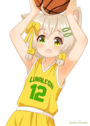 Rule 34 | 1girl, absurdres, ahoge, armpits, arms up, artist name, ball, bare shoulders, basketball, basketball (object), basketball uniform, blonde hair, blush, bow, clothes writing, crop top, dutch angle, female focus, fish hair ornament, flat chest, green eyes, hair bow, hair ornament, hairclip, happy, hazakura hinata, heterochromia, highres, holding, holding ball, looking at viewer, open mouth, original, shirt, shirt tucked in, short hair, shorts, sidelocks, signature, simple background, sleeveless, sleeveless shirt, smile, solo, sportswear, standing, upper body, white background, yellow bow, yellow eyes, yellow shirt, yellow shorts