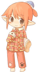 Rule 34 | 7010, barefoot, blush stickers, brown eyes, lowres, orange hair, pajamas, pillow, pointy ears, ponytail, smile, solo