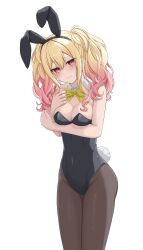 Rule 34 | 1girl, absurdres, alternate costume, animal ears, arm under breasts, blush, bow, bowtie, breast hold, breasts, cleavage, detached collar, fake animal ears, highres, hinato1710, leotard, long hair, looking at viewer, medium breasts, multicolored hair, pantyhose, playboy bunny, project sekai, rabbit ears, rabbit tail, solo, standing, strapless, strapless leotard, tail, tenma saki, twintails, wrist cuffs