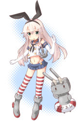 Rule 34 | 10s, 1girl, anchor, blonde hair, blue skirt, blush, boots, elbow gloves, gloves, green eyes, headband, kantai collection, lifebuoy, long hair, looking at viewer, miiyon, open mouth, rensouhou-chan, shimakaze (kancolle), skirt, striped clothes, striped thighhighs, swim ring, thighhighs, thong, triangle mouth