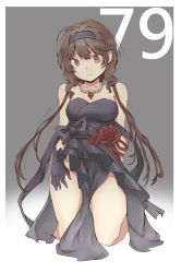 Rule 34 | 1girl, alternate hairstyle, arm behind back, bare shoulders, black bow, black gloves, blue bow, blue dress, bow, breasts, brown eyes, brown hair, buffetfc, character name, closed eyes, collarbone, dress, flower, gem, girls&#039; frontline, gloves, gold necklace, gradient background, grey background, hair up, hairband, hand on thigh, highres, jewelry, kneeling, knees, long hair, looking down, necklace, official alternate costume, red ribbon, ribbon, rose, small breasts, solo, strapless, strapless dress, thighs, type 79 (fox steps under star night) (girls&#039; frontline), type 79 (girls&#039; frontline), very long hair