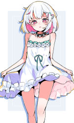 Rule 34 | 1girl, bare arms, bare legs, bare shoulders, black collar, border, bright pupils, collar, collarbone, colored inner hair, commentary request, dohna dohna issho ni warui koto o shiyou, dress, feet out of frame, frilled dress, frills, green ribbon, grey background, hair ornament, heart, heart hair ornament, highres, looking at viewer, medium hair, messy hair, multicolored hair, ndamake, outside border, parted lips, pink eyes, pink hair, porno (dohna dohna), ribbon, skirt hold, solo, spiked collar, spikes, standing, sundress, white border, white dress, white pupils