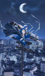 Rule 34 | 1girl, absurdres, aqua eyes, bandages, bare shoulders, blue dress, blue footwear, blue hair, blue thighhighs, building, ciel (tsukihime), city, closed mouth, cloud, commentary request, crescent moon, cross tattoo, dress, floating hair, forehead, gloves, gun, habit, highres, holding, holding gun, holding weapon, looking at viewer, moon, night, night sky, nun, outdoors, parted bangs, pole, powered ciel, serious, seventh holy scripture, short dress, short hair, sky, sleeveless, sleeveless dress, solo, squatting, tattoo, thedaw0, thighhighs, tsukihime, utility pole, weapon, white gloves, wing tattoo