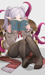 Rule 34 | 1girl, absurdres, book, commentary request, dangle earrings, earrings, elf, feet, frieren, green eyes, highres, jewelry, long hair, luai, no shoes, panties, panties under pantyhose, pantyhose, pointy ears, reading, shirt, soles, sousou no frieren, striped clothes, striped shirt, tentacles, thighs, twintails, underwear, white hair, white panties