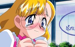 Rule 34 | 1990s (style), 1girl, 2000, animated, animated gif, anna miller, blonde hair, blue eyes, blush, braid, choker, crying, crying with eyes open, game cg, glasses, karin (viper), own hands clasped, own hands together, pc-98 (style), pink choker, retro artstyle, ribbon choker, sogna, solo, tears, viper, viper gtb, waitress