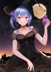 Rule 34 | 1girl, black dress, blue eyes, blue hair, breasts, cleavage, dress, halloween, haruhitooo, hat, highres, hololive, hoshimachi suisei, looking at viewer, medium breasts, outdoors, smile, solo, virtual youtuber