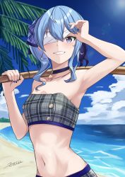 Rule 34 | 1girl, absurdres, beach, bikini, blindfold, blindfold lift, blue eyes, blue hair, blue nails, blue ribbon, blue sky, bokken, cloud, day, grey bikini, grin, hair ribbon, highres, holding, holding sword, holding weapon, hololive, hoshimachi suisei, hoshimachi suisei (1st costume), lifting own clothes, nail polish, navel, outdoors, over shoulder, plaid, plaid bikini, ribbon, side ponytail, sidelocks, signature, sky, smile, solo, stomach, swimsuit, sword, upper body, virtual youtuber, wavy hair, weapon, weapon over shoulder, wooden sword, zeiss