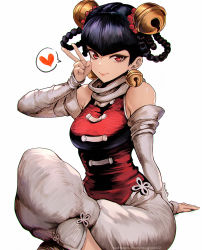 Rule 34 | 1girl, bare shoulders, bell, bell earrings, black hair, braid, breasts, chinese clothes, detached sleeves, earrings, hair bell, hair ornament, heart, highres, jewelry, lin lin (one-punch man), looking at viewer, magion02, one-punch man, pants, red eyes, scarf, shoes, simple background, sitting, solo, tangzhuang, twin braids, white background, white neckwear, white pants