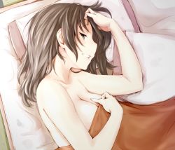Rule 34 | 1girl, amagami, bare shoulders, blanket, breasts, cleavage, commentary, covering privates, from above, hair down, half-closed eyes, hand on own head, highres, jewelry, large breasts, looking at viewer, lying, medium hair, on bed, on side, parted lips, pillow, ring, sasaki akira (ugc), smile, solo, tsukahara hibiki, under covers