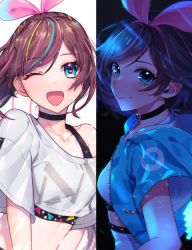 Rule 34 | 1girl, brown hair, choker, green eyes, heart, heart-shaped pupils, highres, kizuna ai, looking at viewer, multiple views, open mouth, smile, symbol-shaped pupils, tank top, wink
