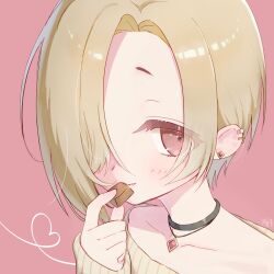 Rule 34 | 1girl, black choker, blonde hair, blush, chocolate, choker, collarbone, ear piercing, food, hair over one eye, heart, highres, holding, holding chocolate, holding food, idolmaster, idolmaster cinderella girls, looking at viewer, off-shoulder sweater, off shoulder, one eye covered, piercing, pink background, portrait, red eyes, ribbed sweater, satoshi (tomog0000), shirasaka koume, simple background, smile, solo, sweater