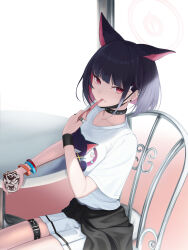 Rule 34 | 1girl, absurdres, animal ears, belt, black belt, black choker, black hair, black jacket, black mask, blue archive, cat ears, chair, choker, closed mouth, clothes around waist, colored inner hair, extra ears, fingernails, food, halo, highres, holding, holding spoon, jacket, jacket around waist, kazusa (band) (blue archive), kazusa (blue archive), looking at viewer, mask, mask pull, mouth mask, multicolored hair, muwon, official alternate costume, pink hair, pink halo, pleated skirt, red eyes, shirt, short hair, short sleeves, sitting, skirt, solo, spoon, thigh belt, thigh strap, white shirt, white skirt