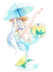 Rule 34 | 1girl, absurdres, armpits, arms up, ass, bare legs, bare shoulders, barefoot, bikini, blue bikini, blue eyes, breasts, bupa chila, cocktail glass, cup, drinking glass, food, fruit, grin, halterneck, hat, highres, ice, ice cube, legs up, lime (fruit), lime slice, long hair, looking at viewer, medium breasts, multi-strapped bikini, original, ponytail, skindentation, smile, solo, straw hat, string bikini, swimsuit, thighs, twintails, umbrella, underboob, very long hair, white hair, wristband