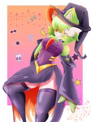 Rule 34 | 1girl, absurdres, animal ear fluff, animal ears, arm at side, armband, artist name, bare shoulders, bat (animal), black choker, black hat, black skirt, black sleeves, black thighhighs, blush, bob cut, border, breasts, bug, candy, cat ears, cat girl, choker, closed mouth, colored skin, covered navel, creatures (company), crescent moon, cross, detached sleeves, earrings, ears through headwear, eyes visible through hair, female focus, food, food-themed earrings, game freak, gardevoir, gen 3 pokemon, ghost, gradient background, green hair, green skin, halloween, hand on own chest, hand up, happy, hat, highres, jewelry, kemonomimi mode, latin cross, long skirt, long sleeves, looking at viewer, medium breasts, moon, multicolored skin, multiple earrings, nintendo, one eye closed, orange background, outside border, pokemon, pokemon (creature), purple background, purple shirt, red eyes, shiny clothes, shirt, short hair, side slit, skindentation, skirt, smile, smoothpen, solo, spider, split mouth, standing, star (symbol), strapless, strapless shirt, thighhighs, two-sided fabric, two-sided skirt, two-tone background, two-tone skin, watermark, white border, white skin, wide sleeves, wink, witch hat