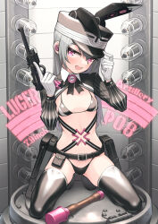 Rule 34 | 1girl, :d, adjusting clothes, adjusting headwear, animal ears, belt pouch, bikini, boots, commentary request, earpiece, explosive, fake animal ears, full body, gloves, grenade, grey hair, gun, handgun, highres, holding, holding gun, holding weapon, kneeling, long hair, looking at viewer, luger p08, navel, open mouth, original, pink eyes, pouch, rabbit ears, samaru (seiga), shrug (clothing), smile, solo, stielhandgranate, swimsuit, thigh boots, trigger discipline, weapon, white gloves