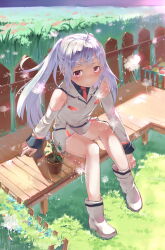 Rule 34 | 1girl, absurdres, ahoge, bare shoulders, bench, blush, boots, closed mouth, detached sleeves, highres, isla (plastic memories), jacket, long hair, looking at viewer, necktie, plastic memories, purple eyes, scenery, shirt, sitting, skirt, solo, twintails, uniform, white jacket, white shirt, white skirt, zhongye yu
