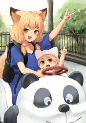 Rule 34 | 1boy, 1girl, :d, animal ear fluff, animal ears, animal hat, arm up, backpack, bag, batta (kanzume quality), beanie, blonde hair, blue shirt, breasts, bumper car, cleavage, collarbone, commentary request, day, fox ears, fox girl, fox shadow puppet, fox son (batta (kanzume quality)), fox tail, fox wife (batta (kanzume quality)), grey eyes, hair between eyes, hair over shoulder, hat, looking at viewer, low twintails, medium breasts, mother and son, open mouth, original, outdoors, puffy short sleeves, puffy sleeves, shirt, short sleeves, short twintails, smile, tail, twintails, white headwear, wide sleeves