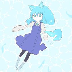 Rule 34 | 1girl, afloat, animal ears, black pantyhose, blue background, blue bow, blue bowtie, blue dress, blue eyes, blue hair, blue theme, bow, bowtie, buttons, cat ears, closed mouth, collared shirt, colored skin, diode (0 division), dress, fins, full body, grey shirt, highres, long hair, long sleeves, looking at viewer, no shoes, original, pantyhose, shirt, short eyebrows, sleeves past wrists, solo, tareme, wet, wet hair, white skin