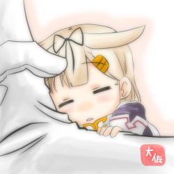 Rule 34 | 10s, 1girl, admiral (kancolle), blonde hair, chibi, closed eyes, gloves, hair flaps, hair ribbon, highres, kantai collection, lying on lap, military, military uniform, mini person, minigirl, open mouth, ribbon, size difference, sleeping, sleeping on person, solo focus, taisa (kari), uniform, white gloves, yuudachi (kancolle)