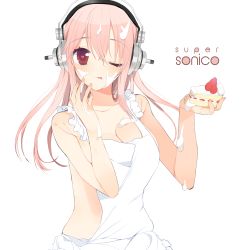 Rule 34 | 1girl, apron, bad id, bad pixiv id, blush, breasts, brown eyes, cake, cleavage, donacoo, eating, food, food on body, food on face, fruit, headphones, large breasts, long hair, looking at viewer, naked apron, nitroplus, one eye closed, pink hair, sexually suggestive, smile, solo, strawberry, suggestive fluid, super sonico, tongue, tongue out, upper body, whipped cream, wink, yuuhi homare