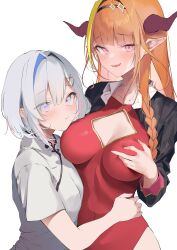 Rule 34 | 2girls, absurdres, alternate costume, amane kanata, blonde hair, blue hair, blush, breasts, chinese clothes, cleavage cutout, clothing cutout, covered navel, dragon girl, dragon horns, facing another, fang, flat chest, hair intakes, hair ornament, hairpin, highres, hololive, horns, hug, kiryu coco, large breasts, leotard, long hair, looking at viewer, multiple girls, orange hair, parted lips, pepq, pink eyes, pointy ears, purple eyes, red leotard, short hair, skin fang, skin tight, smile, upper body, virtual youtuber, white background, white hair
