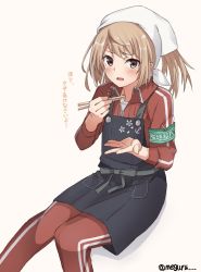 Rule 34 | 1girl, alternate costume, alternate hairstyle, apron, armband, bad id, bad twitter id, bandana, black apron, brown eyes, chopsticks, commentary request, feet out of frame, green armband, invisible chair, jacket, kantai collection, light brown hair, meguru (megurunn), michishio (kancolle), pants, red jacket, red pants, simple background, sitting, solo, track jacket, track pants, track suit, translation request, twitter username, white background