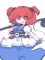 Rule 34 | 1girl, :d, apron, blue dress, blush, breasts, chahan (fried rice0614), chibi, cowboy shot, dress, eyes visible through hair, frilled robe, frills, hair between eyes, hair bobbles, hair ornament, highres, holding, holding scythe, holding weapon, japanese clothes, kimono, looking at viewer, obi, onozuka komachi, open mouth, puffy short sleeves, puffy sleeves, red eyes, red hair, sash, scythe, short hair, short sleeves, simple background, small breasts, smile, solo, tongue, touhou, two side up, weapon, white background
