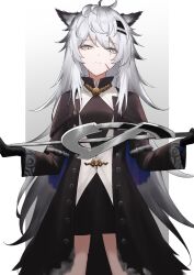 Rule 34 | 1girl, absurdres, animal ears, arknights, black coat, black dress, black gloves, border, buttons, closed mouth, coat, cowboy shot, cross, dress, expressionless, gloves, gradient background, grey background, grey eyes, grey hair, half-closed eyes, highres, holding, holding weapon, kouyadoufu, lappland (arknights), latin cross, long hair, long sleeves, looking at viewer, open clothes, open coat, outside border, scar, scar across eye, short dress, solo, split mouth, standing, very long hair, weapon, white border, wolf ears, wolf girl