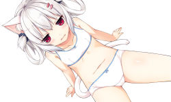 Rule 34 | 1girl, arm support, bare arms, bare shoulders, blush, bow, bow bra, bow panties, bra, breasts, collarbone, gluteal fold, hair between eyes, hair ornament, hair rings, hairclip, highres, looking at viewer, navel, original, panties, parted lips, red eyes, sakuraba hikaru (loveindog), silver hair, simple background, sitting, small breasts, solo, training bra, underwear, underwear only, v-shaped eyebrows, white background, white bra, white panties