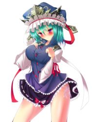 Rule 34 | 1girl, absurdres, bad id, bad pixiv id, black skirt, blue eyes, blush, breasts, female focus, green hair, hands on own chest, hat, highres, lace, lace-trimmed skirt, lace trim, large breasts, lowleg, lowleg panties, miniskirt, panties, ribbon-trimmed skirt, ribbon trim, shiki eiki, side-tie panties, skirt, solo, sousakubito, spread legs, thighs, touhou, underwear, upskirt