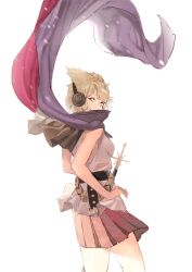 Rule 34 | 1girl, ameyame, bad id, bad pixiv id, bare arms, blonde hair, cape, earmuffs, looking at viewer, pointy hair, shirt, skirt, sleeveless, sleeveless shirt, solo, sword, touhou, toyosatomimi no miko, weapon, wind, wind lift, yellow eyes
