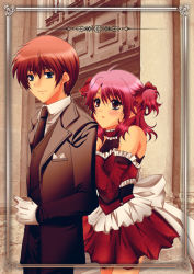 Rule 34 | 1boy, 1girl, alternate costume, asbel lhant, bad id, bad pixiv id, brown hair, cheria barnes, couple, formal, one side up, pink hair, red skirt, ribbon, skirt, tales of (series), tales of graces, tuxedo