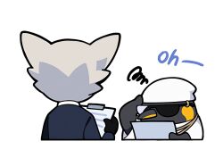 Rule 34 | 1boy, animal, animal ears, arknights, beak, beanie, bird, black gloves, black jacket, blazer, border, character request, chinese commentary, clipboard, clothed animal, commentary request, cropped torso, deformed, emperor (arknights), english text, fox ears, from behind, gloves, grey hair, hand on own head, hat, holding, holding clipboard, jacket, jewelry, necklace, penguin, shirt, shirt slip, short hair, squiggle, sunglasses, t-shirt, transparent background, weizhi ning xiaoxi weizhi, white border, white hat, white shirt