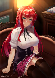 Rule 34 | 1girl, ahoge, aqua eyes, artist name, black thighhighs, blush, bookshelf, breasts, butter-t, clothes lift, commentary, couch, crossed bangs, hair between eyes, high school dxd, indoors, large breasts, lifting own clothes, light particles, long hair, looking at viewer, pink skirt, puffy short sleeves, puffy sleeves, red hair, rias gremory, shirt, short sleeves, single sidelock, sitting, skirt, skirt lift, smile, solo, thighhighs, twitter username, white shirt