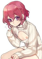Rule 34 | 1boy, azuki neko, bad id, bad pixiv id, cleavage cutout, clothing cutout, reona west, looking at viewer, male focus, meme attire, mole, mole under eye, nipples, open-chest sweater, pink eyes, pink hair, pretty series, pripara, ribbed sweater, short hair, solo, sweater, trap, white background