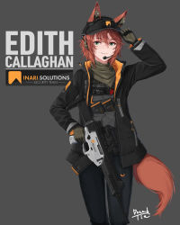 Rule 34 | animal ears, bad id, bad pixiv id, black gloves, dreadtie, ears through headwear, english text, gloves, green eyes, grey background, gun, hair between eyes, hand on headwear, hat, headset, highres, holding, holding gun, holding weapon, jacket, looking at viewer, open clothes, open jacket, original, red hair, short hair, signature, smile, solo, tail, weapon