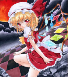 Rule 34 | 1girl, ascot, back bow, blonde hair, bow, checkered background, cloud, cloudy sky, collared shirt, crystal, dutch angle, feet out of frame, flandre scarlet, frilled shirt collar, frilled sleeves, frills, from side, hat, hat ribbon, large bow, leg up, looking at viewer, looking to the side, mob cap, moon, multicolored wings, outdoors, puffy short sleeves, puffy sleeves, red eyes, red moon, red ribbon, red skirt, red vest, ren (endscape20), ribbon, shirt, short sleeves, skirt, skirt set, sky, sleeve ribbon, solo, touhou, traditional media, vest, white bow, wings, yellow ascot