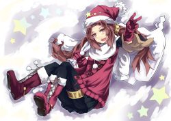 Rule 34 | 1girl, boots, christmas, duel monster, emilia (yu-gi-oh!), gishki emilia, gloves, hat, jewelry, long hair, normaland, open mouth, pantyhose, red eyes, red gloves, red hair, ringlets, ritua emilia, santa boots, santa costume, santa hat, sidelocks, skirt, solo, twintails, v, yu-gi-oh!
