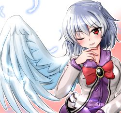 Rule 34 | 1girl, bow, bowtie, braid, dress, feathered wings, feathers, highres, jacket, kishin sagume, one eye closed, open clothes, open jacket, oshiaki, purple dress, red eyes, silver hair, single wing, solo, touhou, white wings, wings