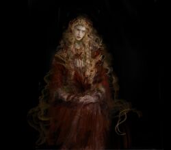 Rule 34 | 1girl, a song of ice and fire, absurdres, all lee24, black background, blonde hair, cersei lannister, dress, gem, graphite (medium), green eyes, green gemstone, highres, jewelry, long hair, portrait, red dress, robe, simple background, sitting, solo, tiara, traditional media