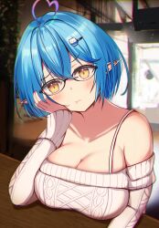 Rule 34 | :t, absurdres, ahoge, blue hair, blush, breast rest, breasts, cleavage, closed mouth, daifuku (yukihana lamy), elbow rest, elf, glasses, hair ornament, hairclip, heart, heart ahoge, highres, hololive, large breasts, looking at viewer, off-shoulder sweater, off shoulder, pointy ears, pout, sabamiso (tomomon021831), short hair, solo, sweater, upper body, virtual youtuber, white sweater, yellow eyes, yukihana lamy, yukihana lamy (loungewear)