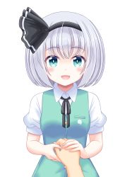 Rule 34 | 1boy, 1girl, absurdres, black bow, black hairband, black neckwear, blush, bow, breasts, buttons, collar, dress, green dress, green eyes, hair between eyes, hairband, hand up, hands up, highres, holding hands, konpaku youmu, looking at viewer, medium breasts, open mouth, puffy short sleeves, puffy sleeves, reimei (r758120518), shirt, short hair, short sleeves, silver hair, simple background, smile, touhou, transparent background, white background, white shirt