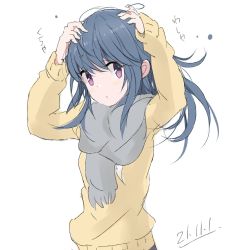 Rule 34 | 1girl, :o, adjusting hair, arms up, blue hair, commentary request, core (mayomayo), cowboy shot, dated, grey scarf, hands in hair, long hair, long sleeves, messy hair, parted lips, purple eyes, scarf, shima rin, simple background, solo, sweater, translation request, white background, yellow sweater, yurucamp