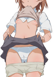 Rule 34 | 1girl, breasts, brown hair, clothes lift, crotch seam, female focus, gluteal fold, hair ornament, hairpin, highres, lifting own clothes, misaka mikoto, morisobo, mouth hold, nipples, school uniform, shiny skin, short hair, simple background, skirt, skirt lift, small breasts, solo, toaru kagaku no railgun, toaru majutsu no index, tokiwadai school uniform, white background