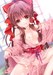 Rule 34 | 1girl, aftersex, alternate costume, breasts, brown eyes, brown hair, cum, cum on body, dutch angle, gradient background, hair ribbon, hakurei reimu, indoors, japanese clothes, kimono, licking lips, long hair, looking at viewer, nipples, no bra, open clothes, open kimono, ponytail, ribbon, small breasts, solo, tongue, tongue out, touhou, yanagise